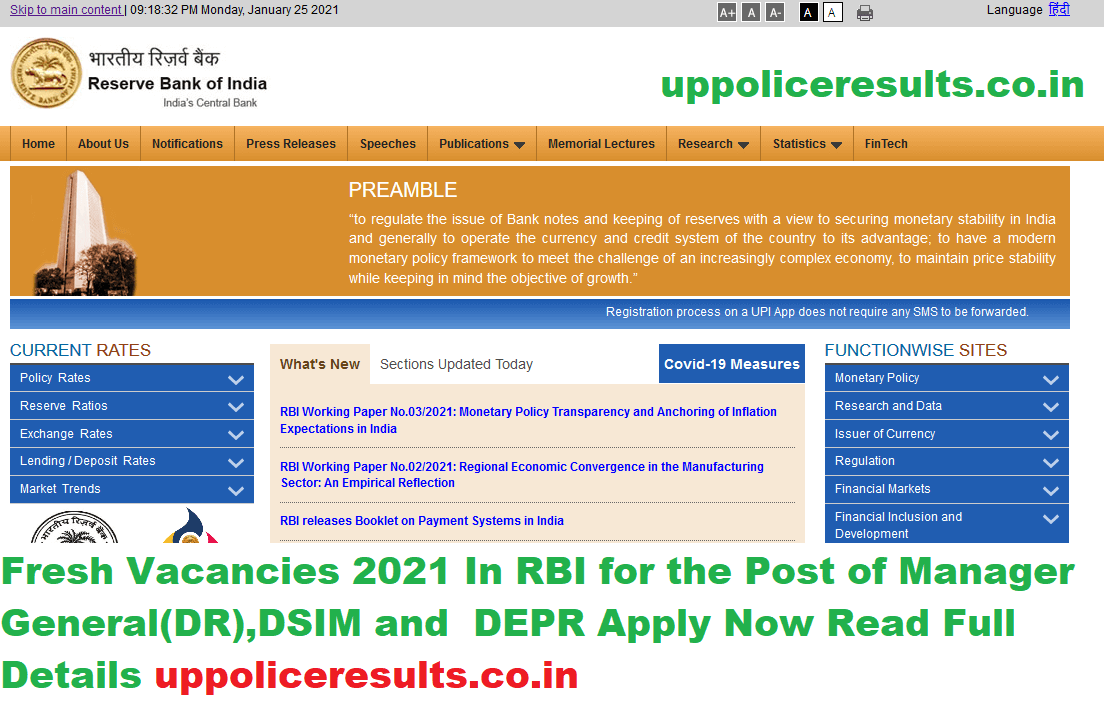 Fresh Vacancies 2021 In RBI for the Post of Manager General(DR),DSIM and DEPR Apply Now Read Full Details